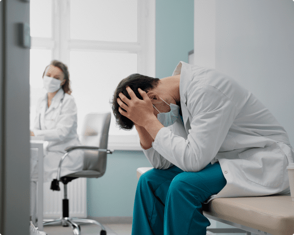 Парень сидит в кабинете врача взявшись за голову